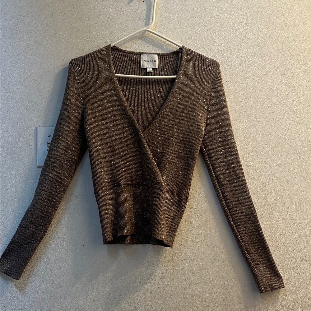 Pink Rose Brown V-Neck Sweater - Picture 6 of 9